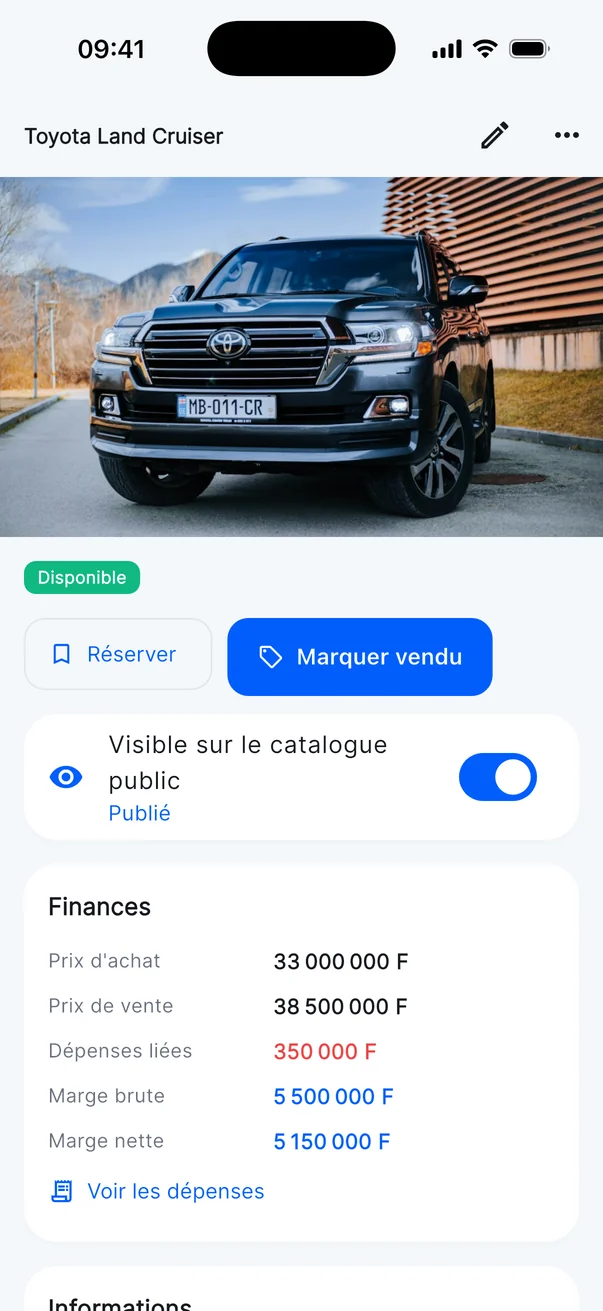Fiche d'un véhicule avec ses finances dans Kylio